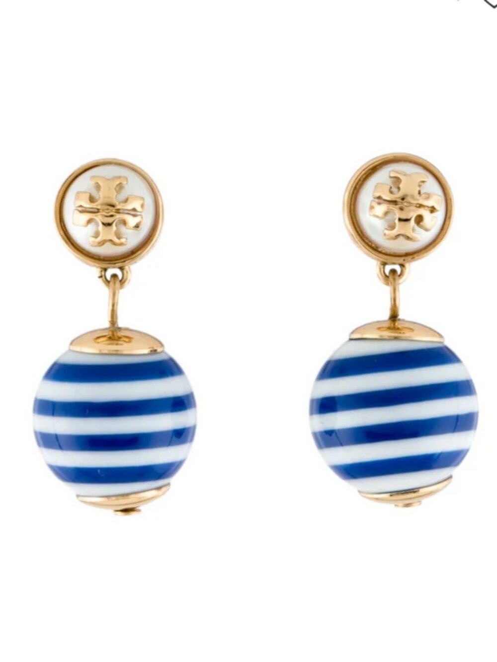 Tory Burch Blue White Striped Drop Earrings